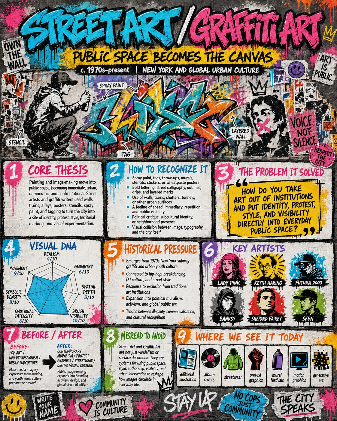 Street art graffiti mural showcasing bold lettering and vibrant spray paint techniques on urban walls