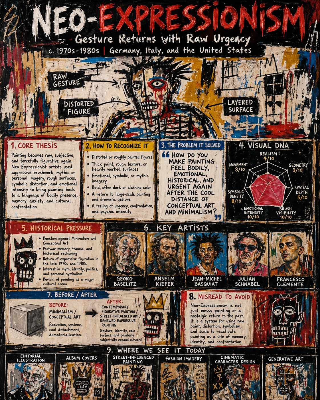 Neo-Expressionism painting style with distorted figures, thick paint, and aggressive gesture