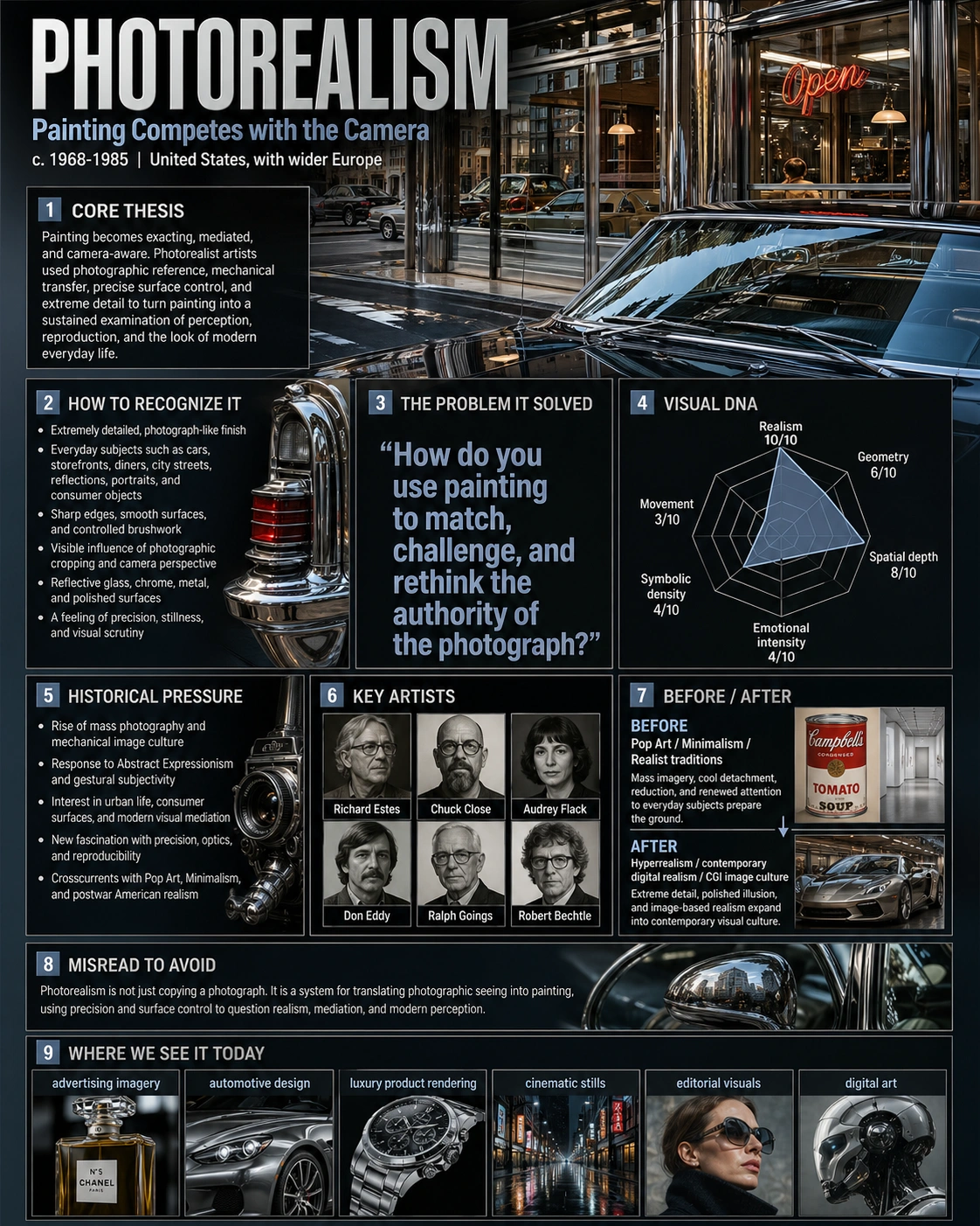 Photorealism painting style achieving photographic precision through painted surface