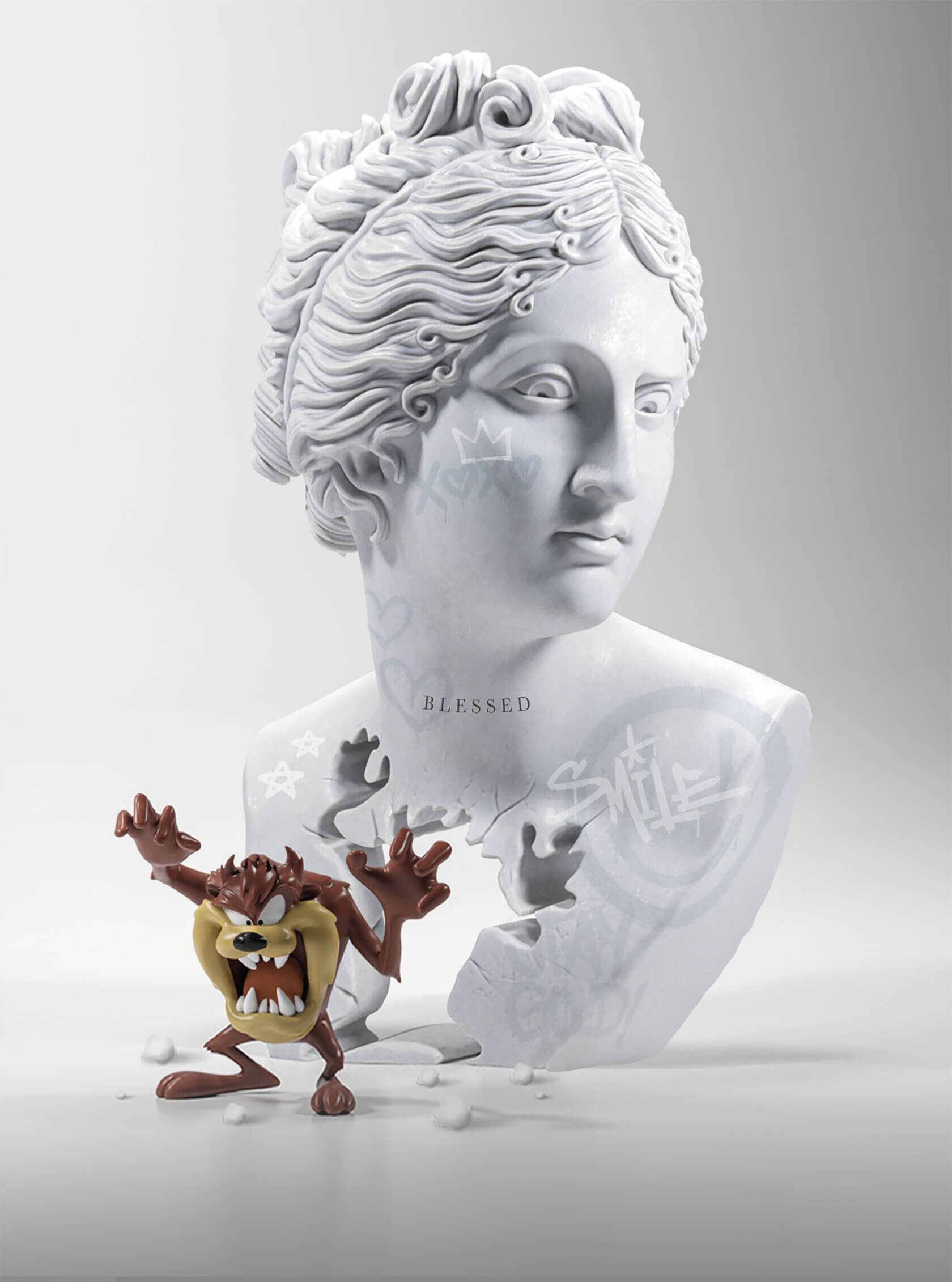 Classical art disruption through contemporary pop culture elements and superhero imagery