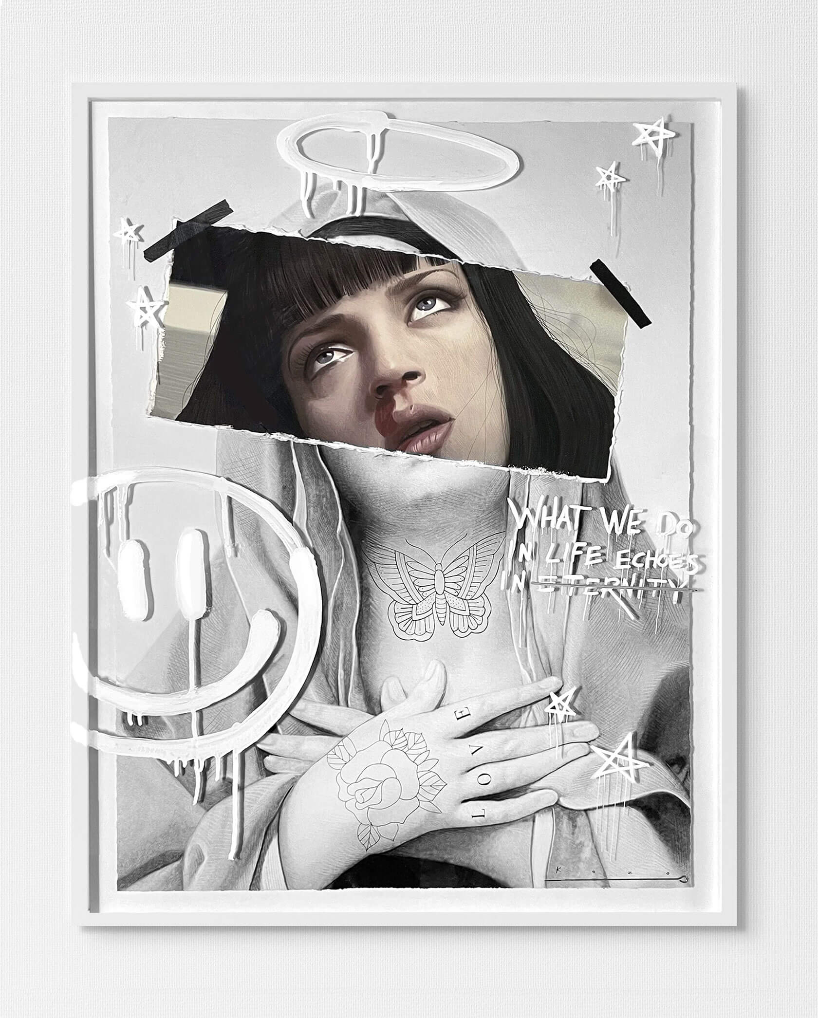 Renaissance sculpture enhanced with graffiti street art and contemporary markings