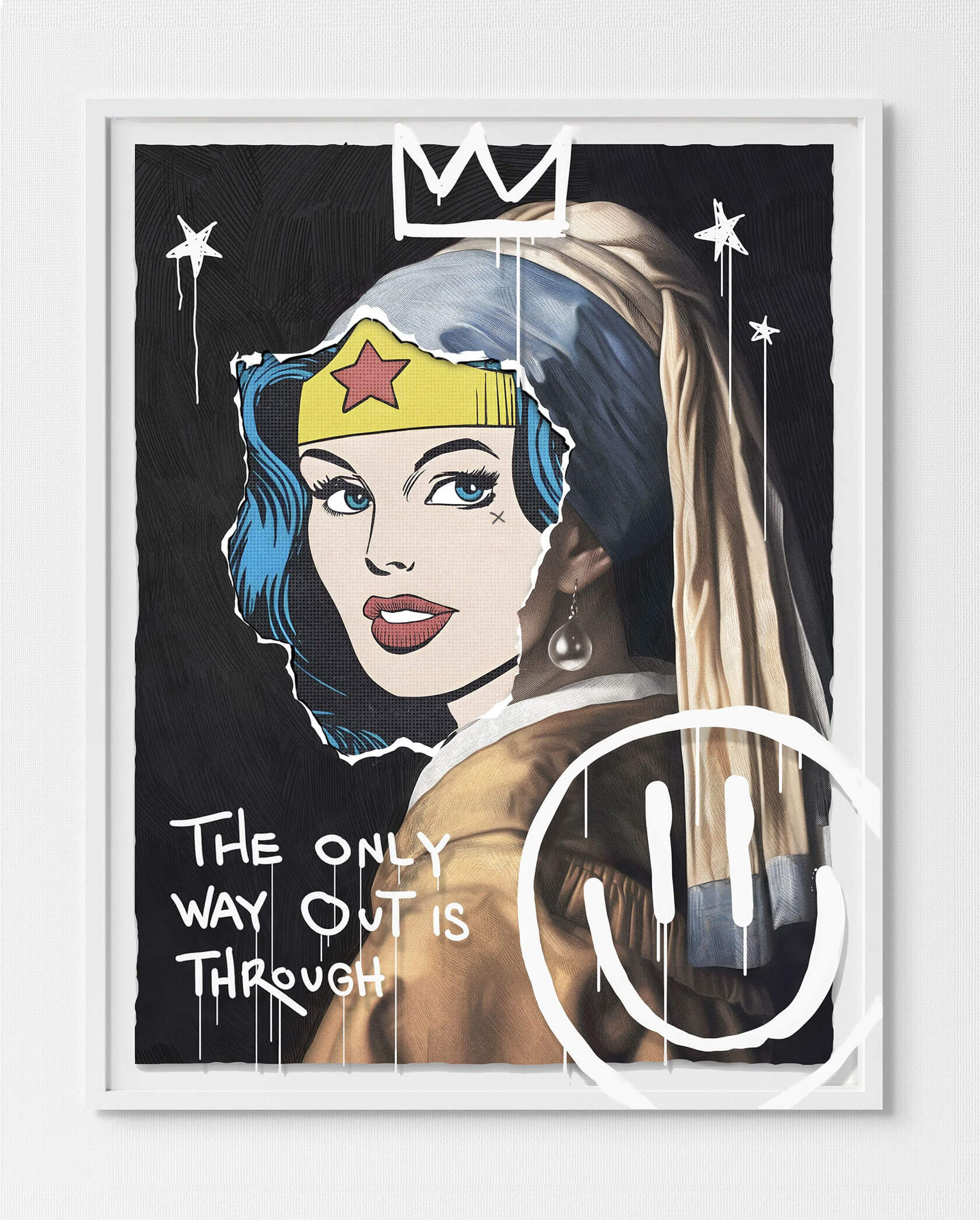 Contemporary figurative art gallery display merging classical and pop culture aesthetics