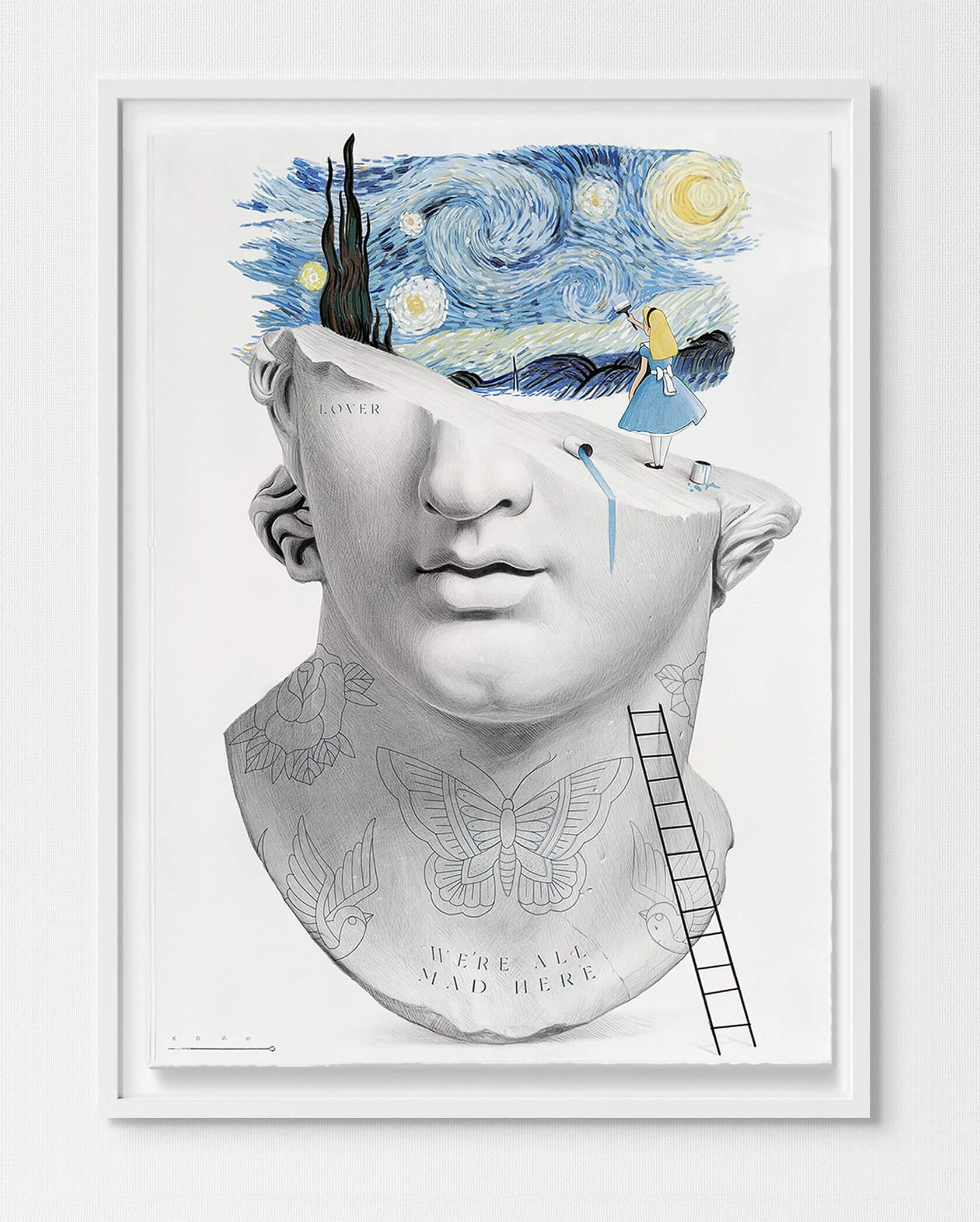 Mixed media sculpture combining marble classical forms with contemporary pop culture disruption