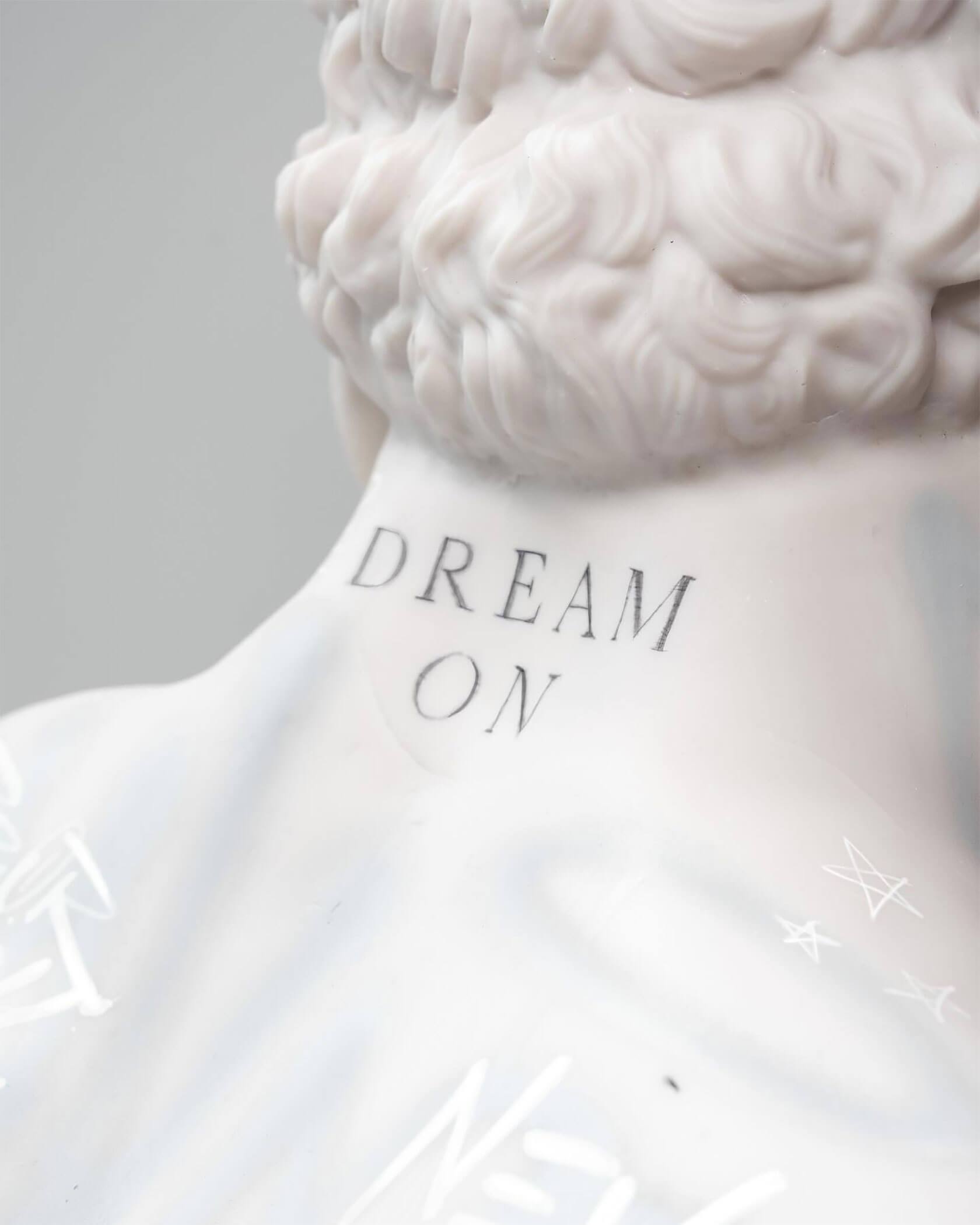 Marble sculpture street art featuring pop culture characters integrated with Renaissance stone