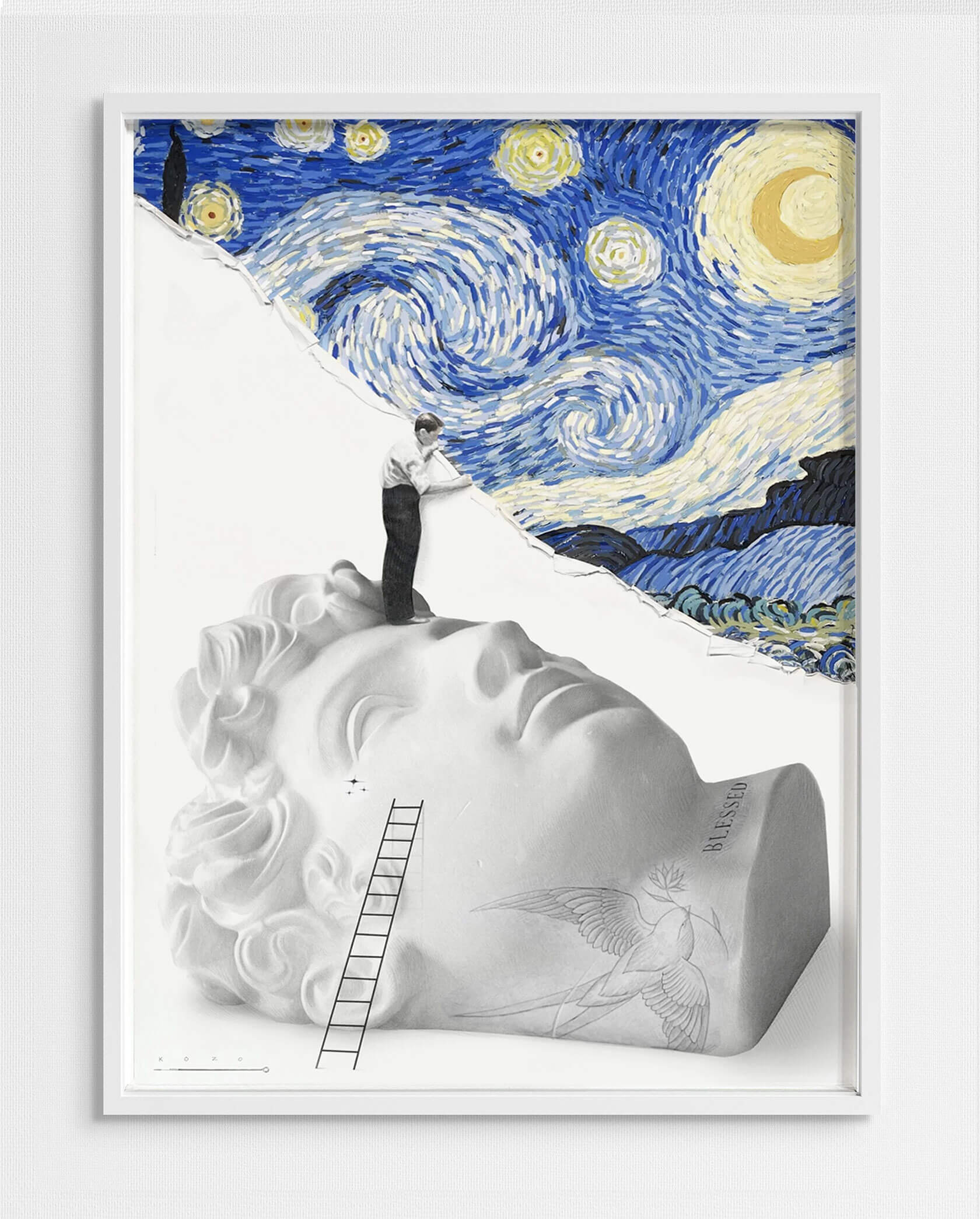 Micro realistic street art technique demonstrating tattoo-inspired classical art disruption