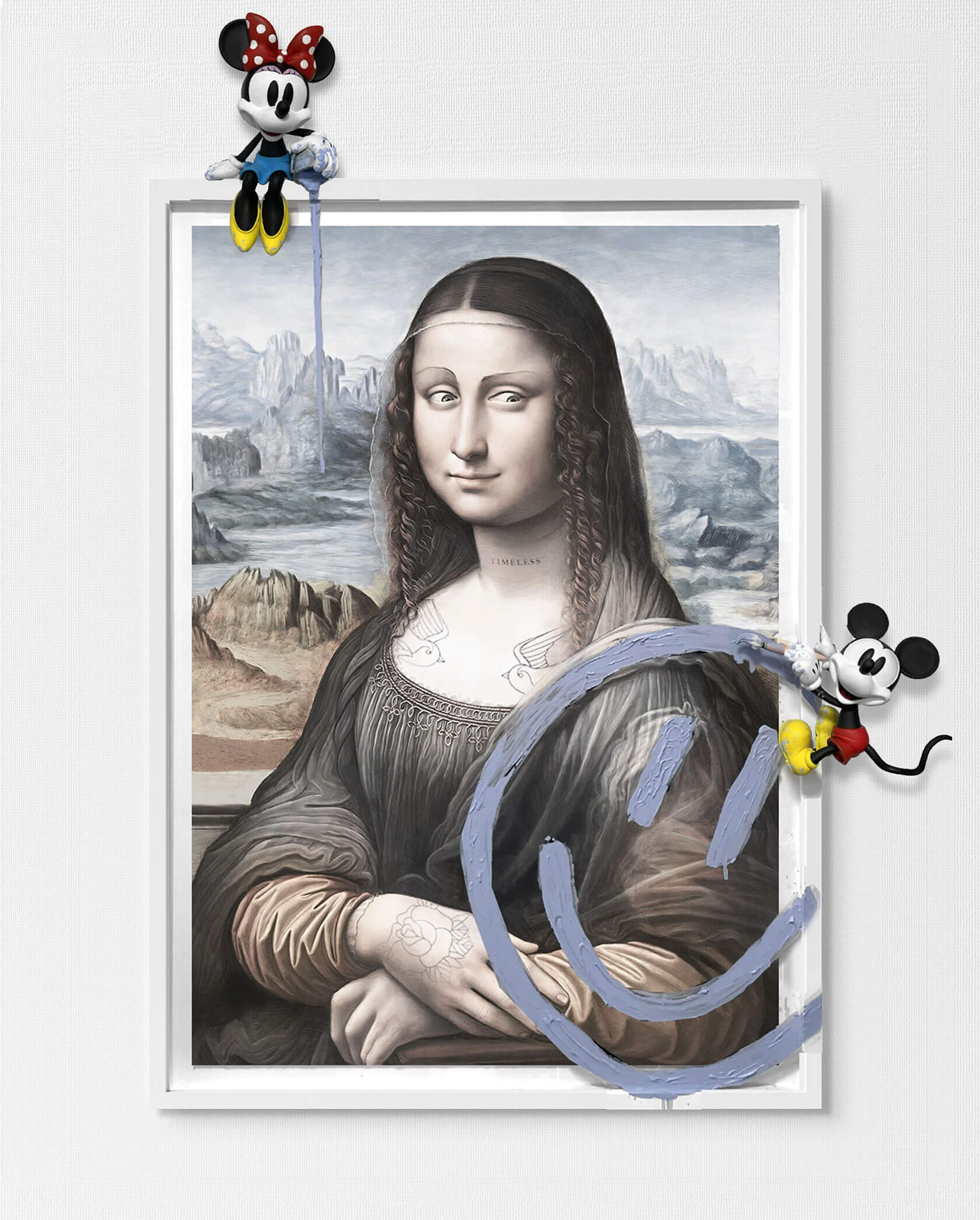 Mixed media sculpture painting hybrid artwork merging Renaissance and pop culture aesthetics