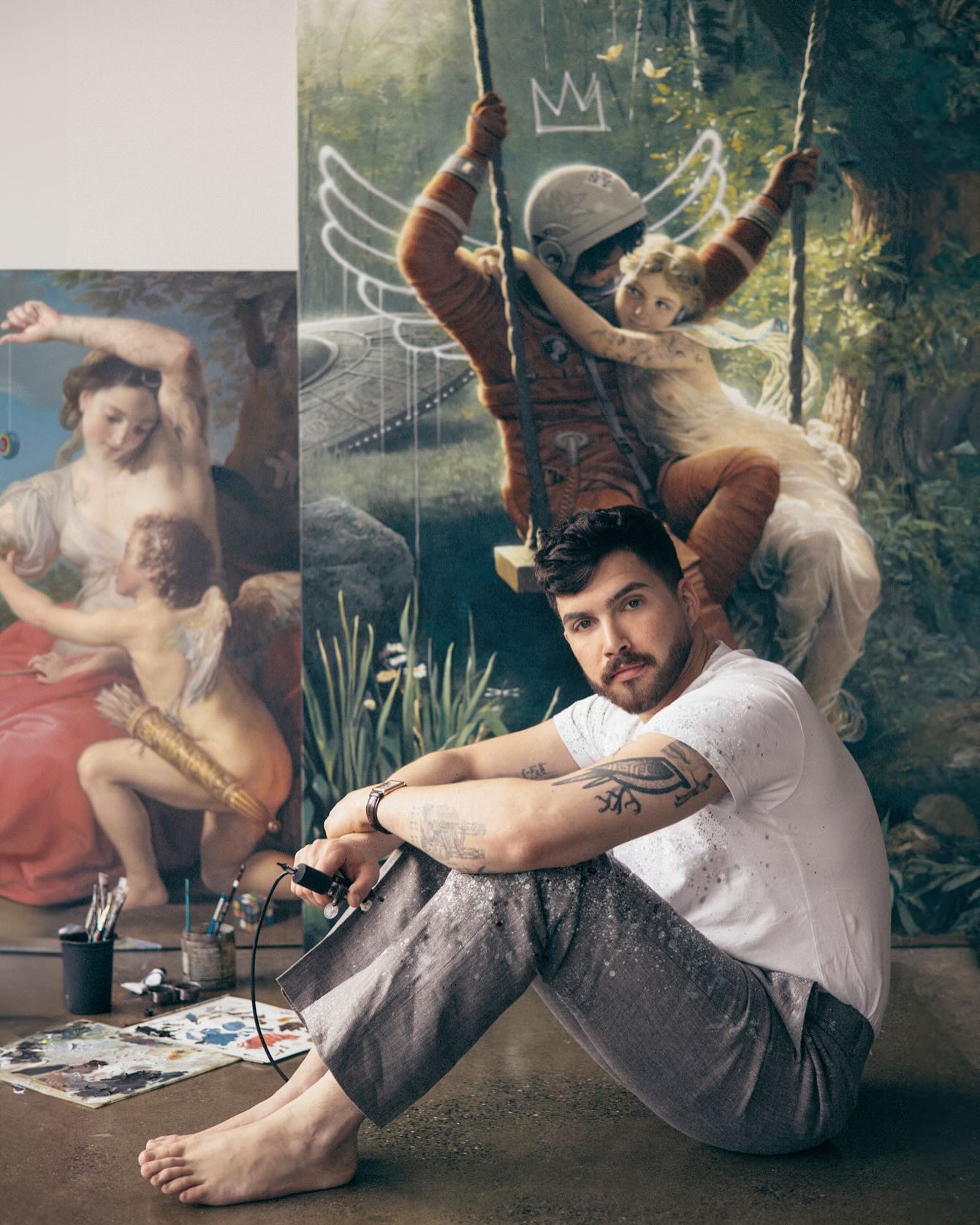 Pop culture art mashup featuring superhero characters disrupting classical Renaissance marble sculptures