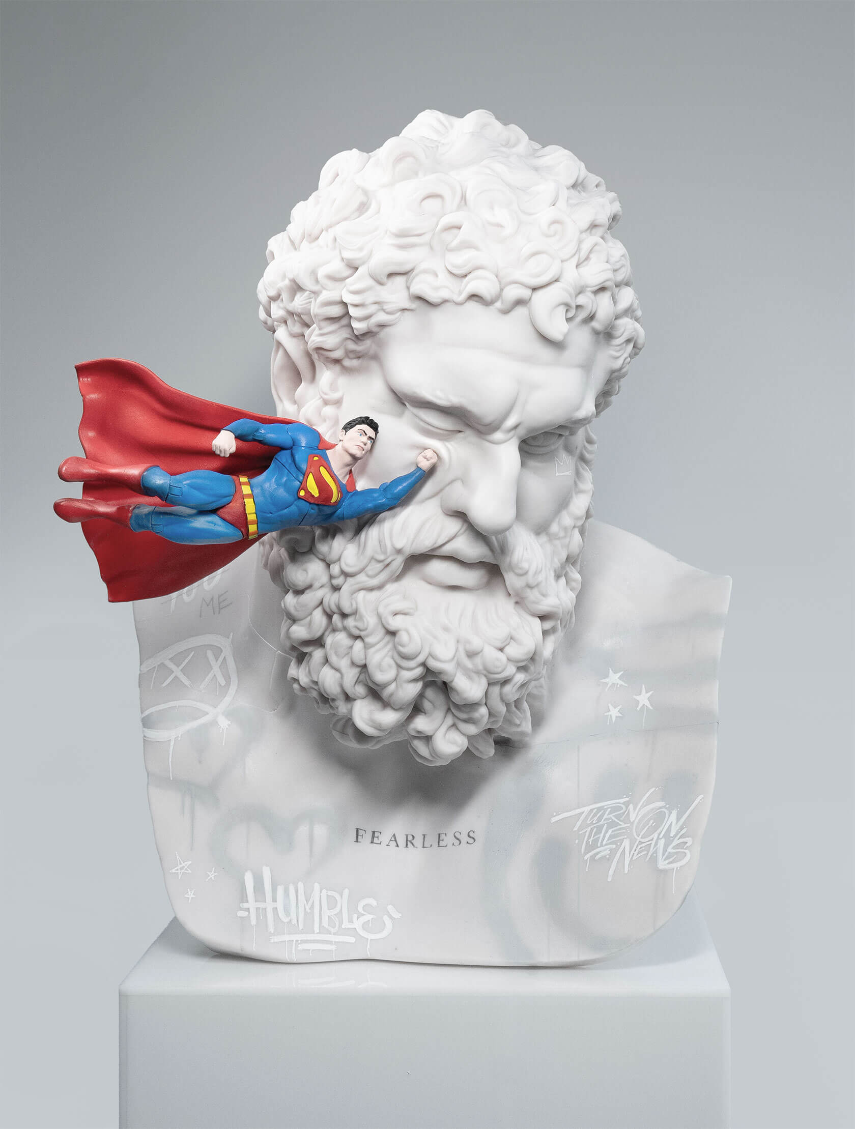 Pop culture classical art mashup combining marble sculptures with contemporary graffiti and street art
