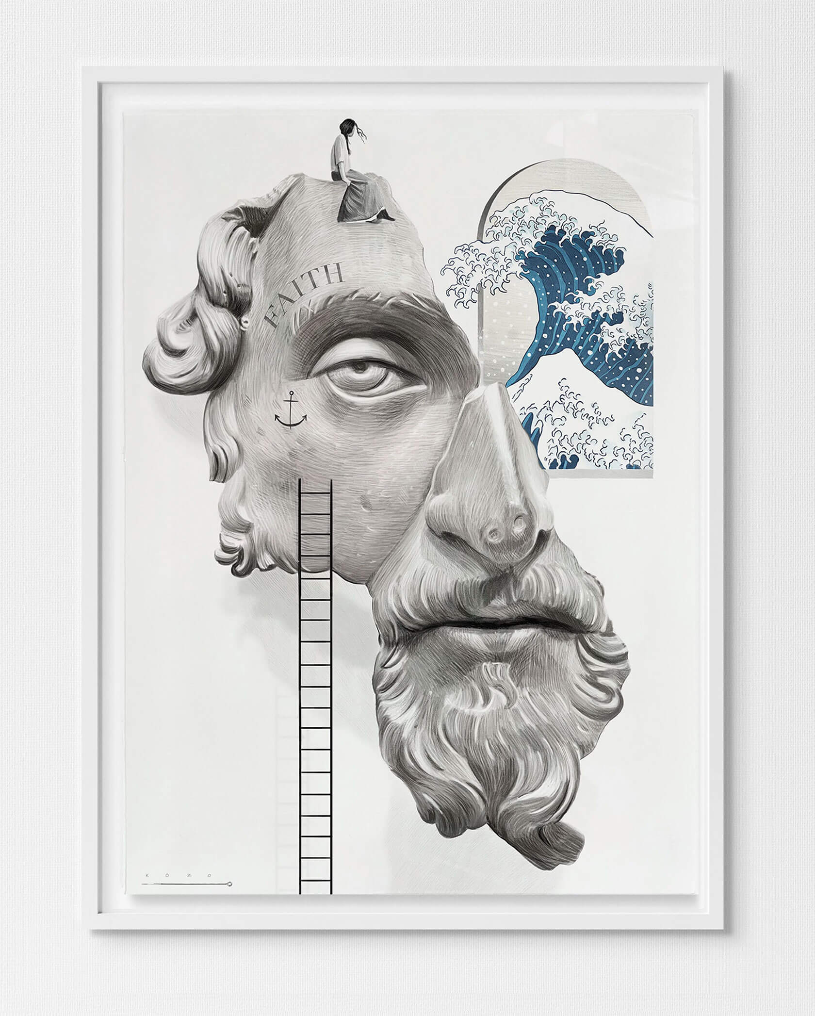 Contemporary figurative art piece merging pop culture nostalgia with classical marble sculpture