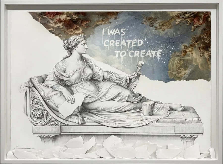 Contemporary banner artwork merging Renaissance classical forms with street art and pop culture elements