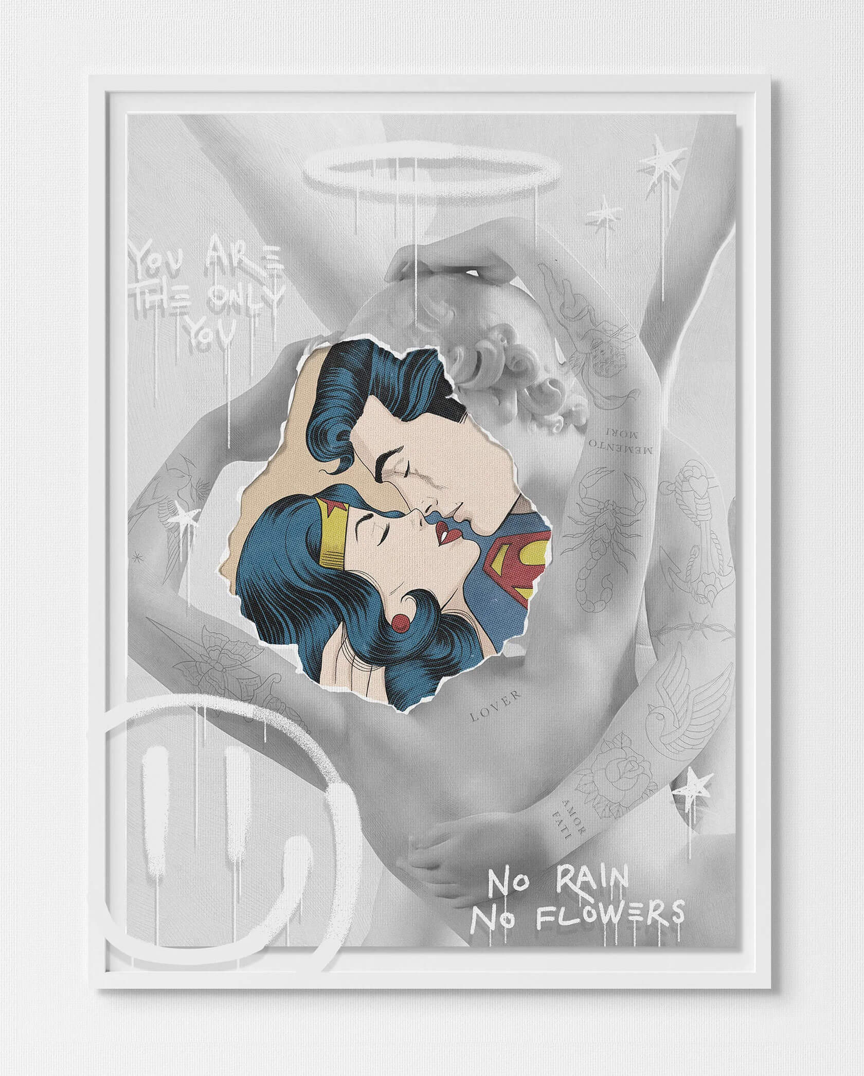 Street art Renaissance mashup showcasing micro-realistic tattoo-inspired pop culture art techniques