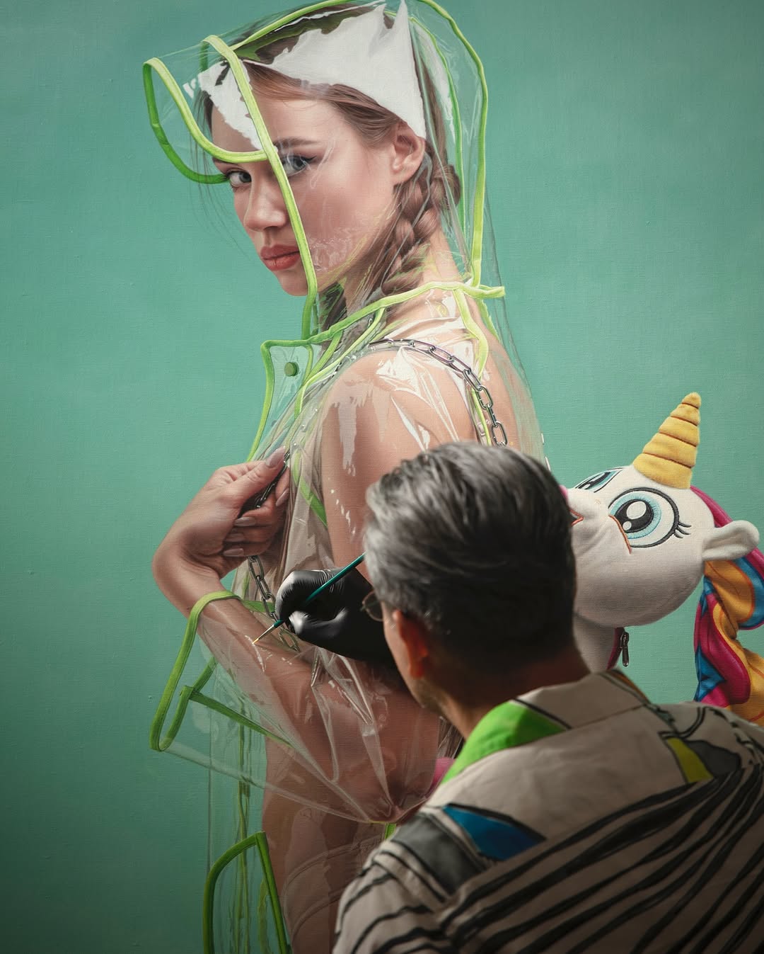 Hyperrealist oil painting featuring absurdist figurative elements and theatrical surreal composition