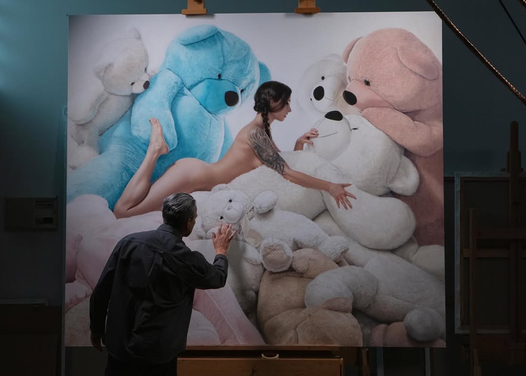 Large-scale oil painting showcasing hyperrealistic figurative composition with playful surrealism themes