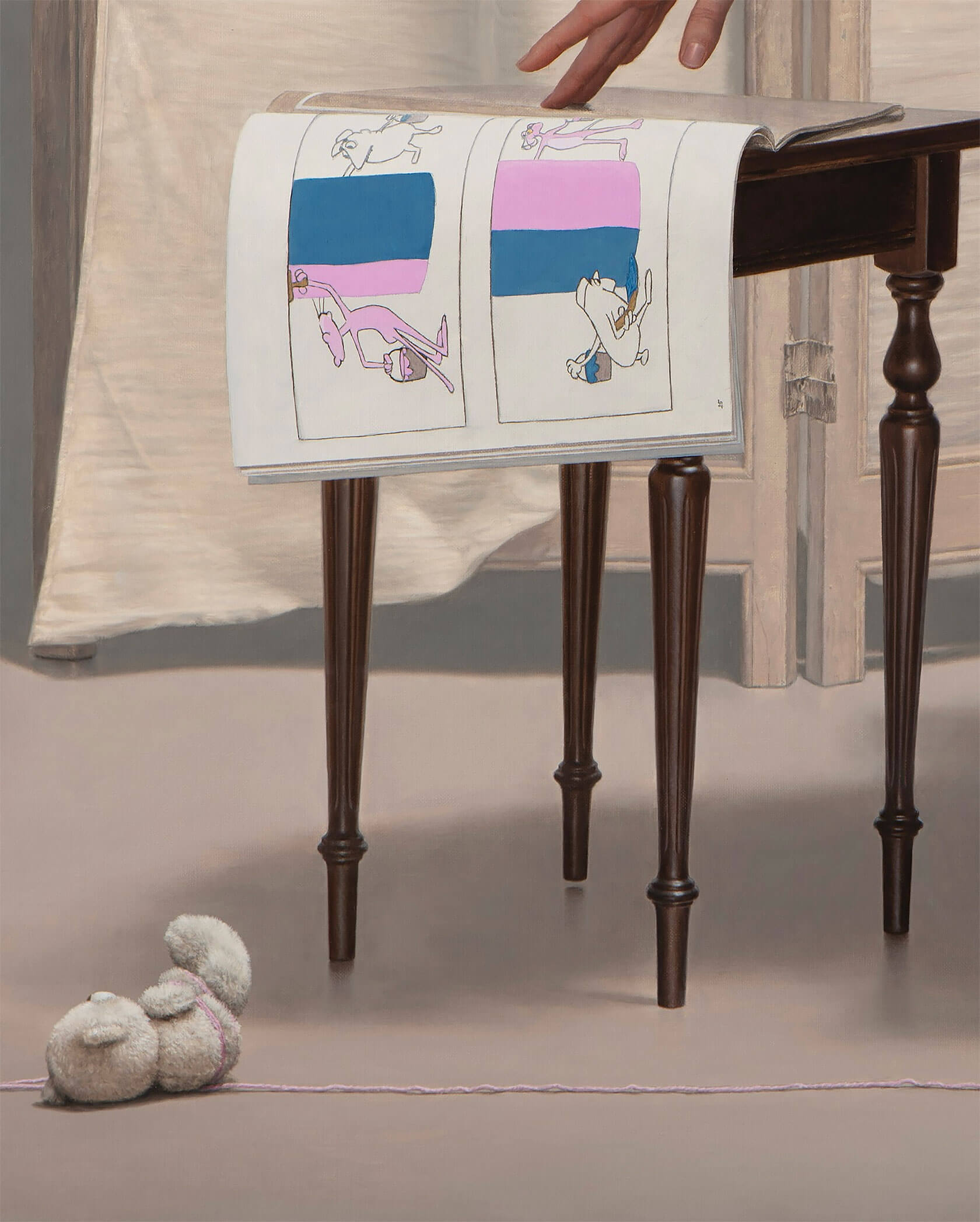 Contemporary realist hyperrealism painting featuring figurative composition with theatrical elements