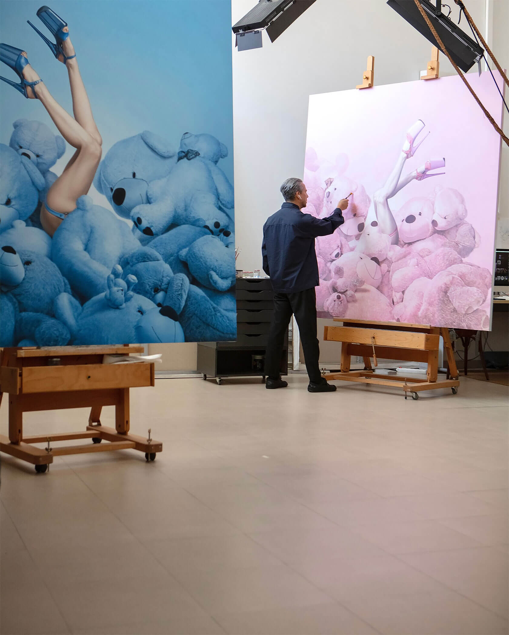 Modern hyperrealist oil painting featuring figurative composition with surreal theatrical elements