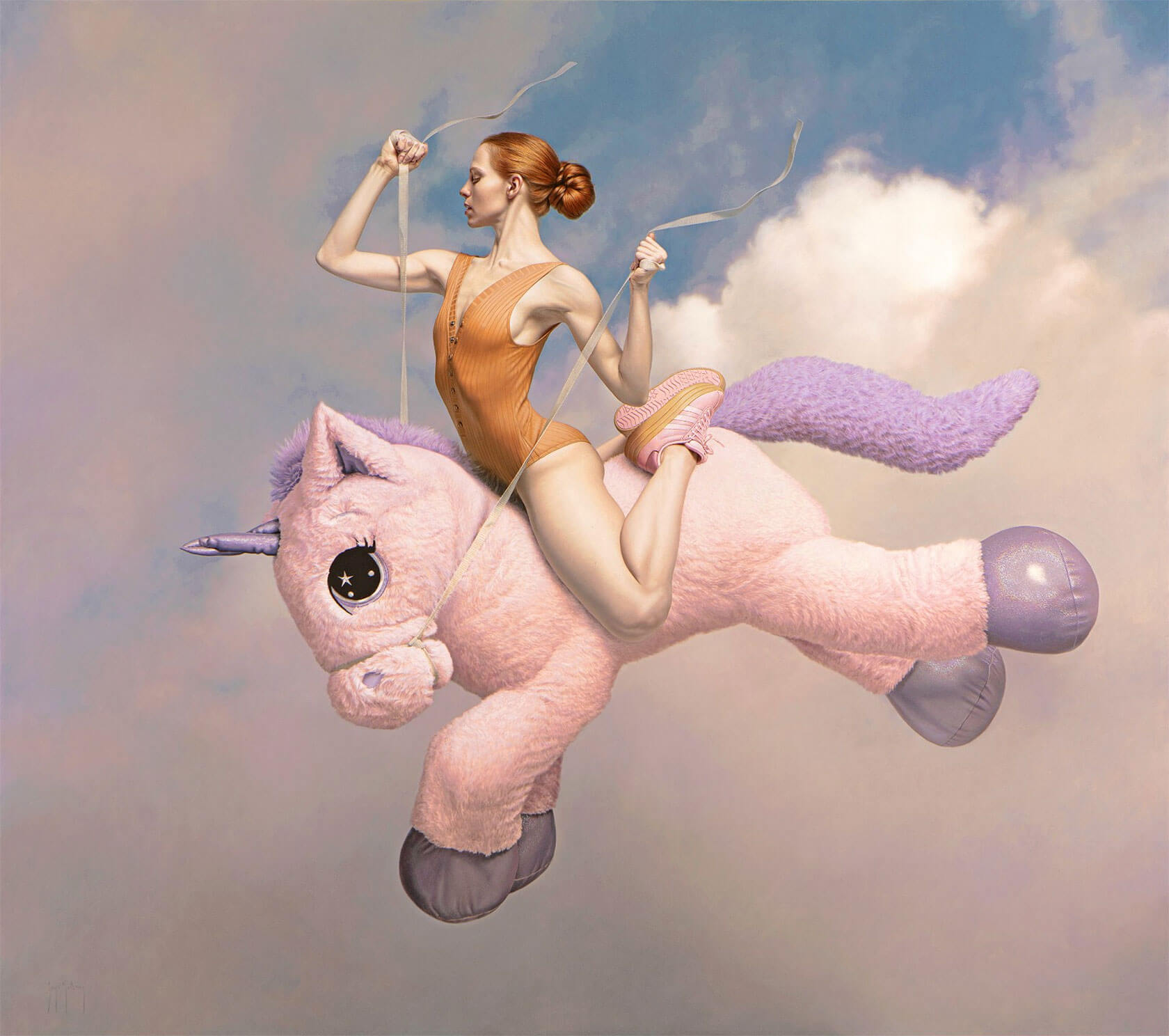 Hyperrealism oil painting featuring figurative elements with surreal and playful absurdist composition