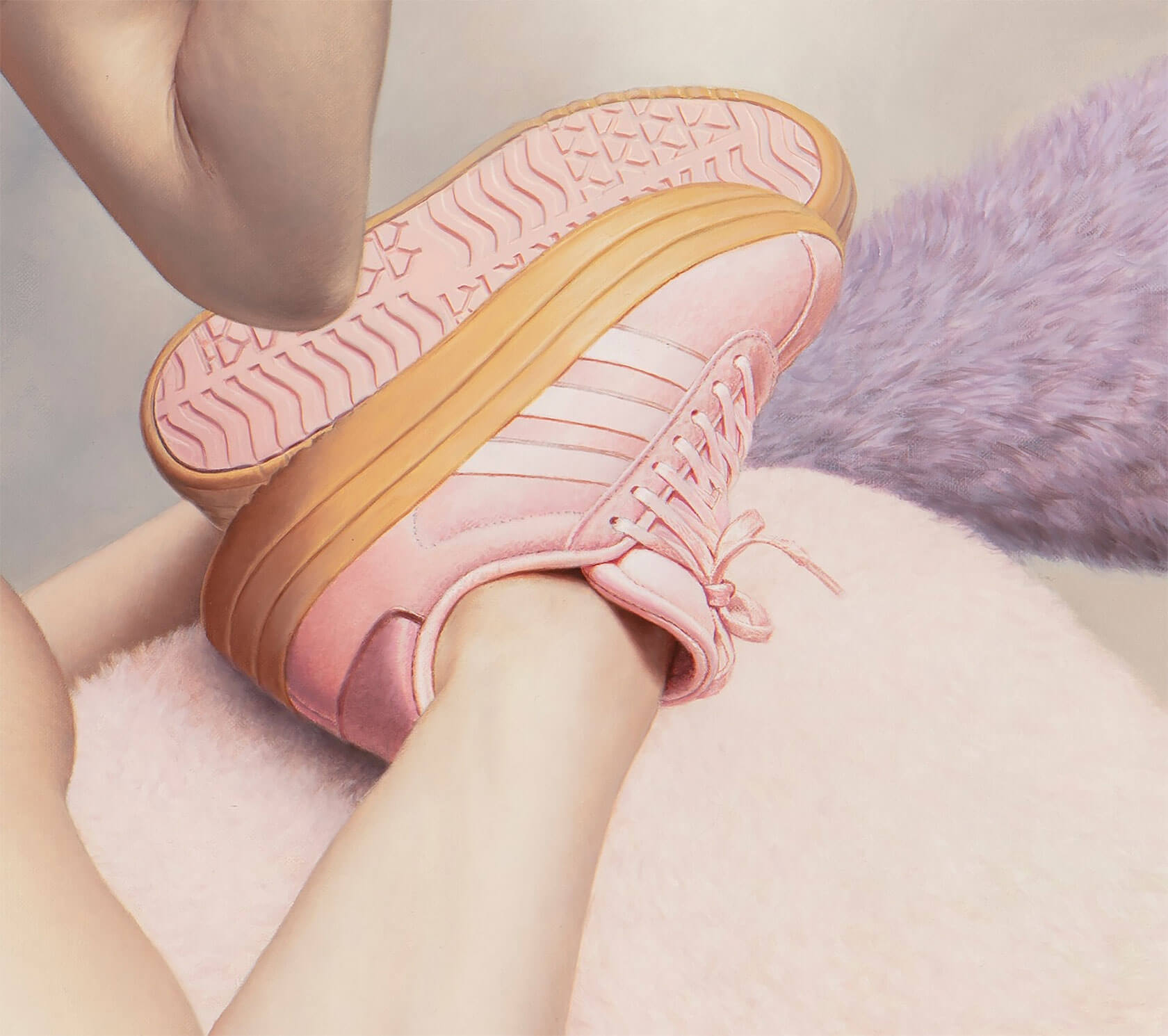 Large-scale hyperrealistic oil painting with figurative composition and surreal theatrical elements