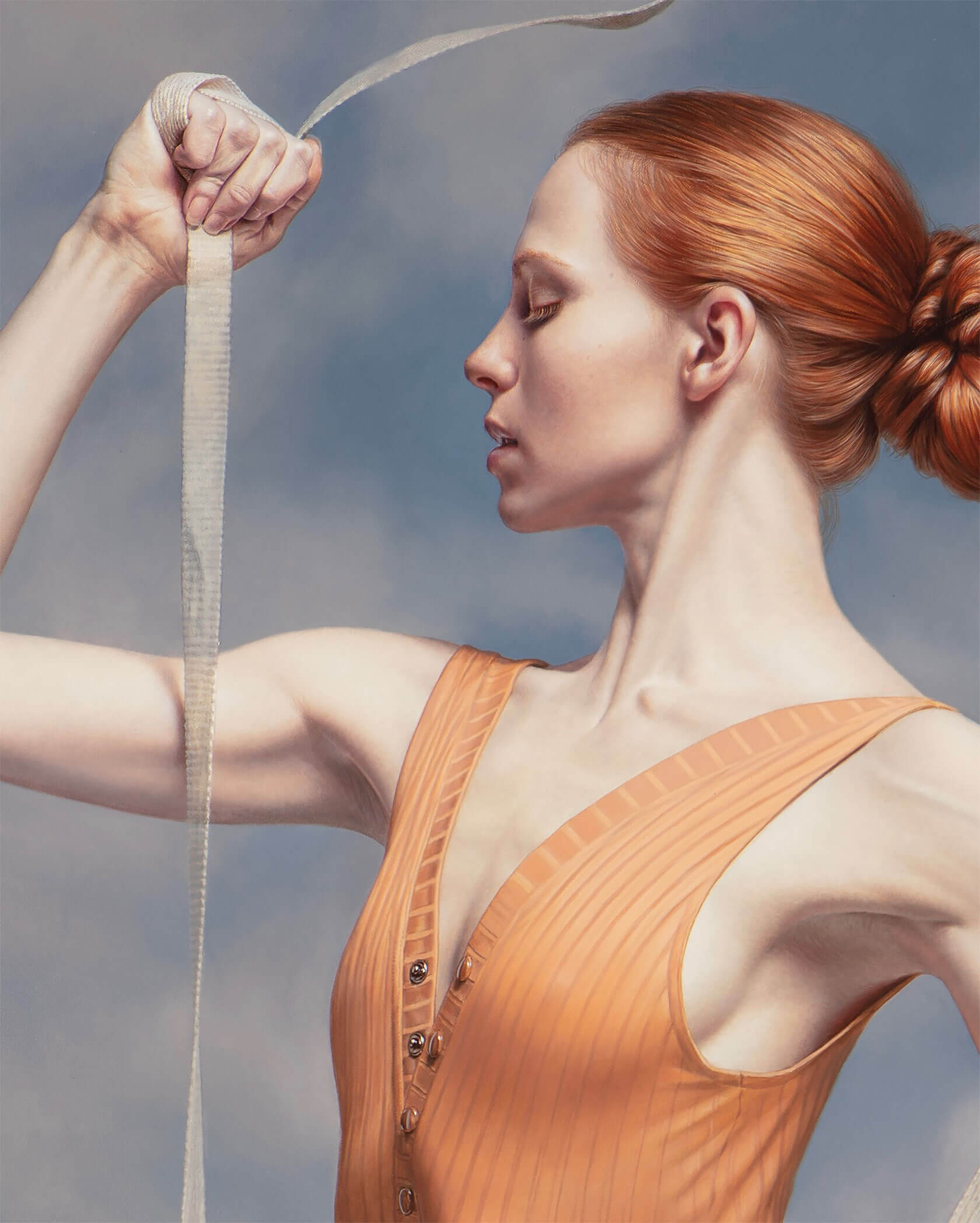 Surreal figurative art featuring contemporary hyperrealism oil painting with absurdist theatrical elements