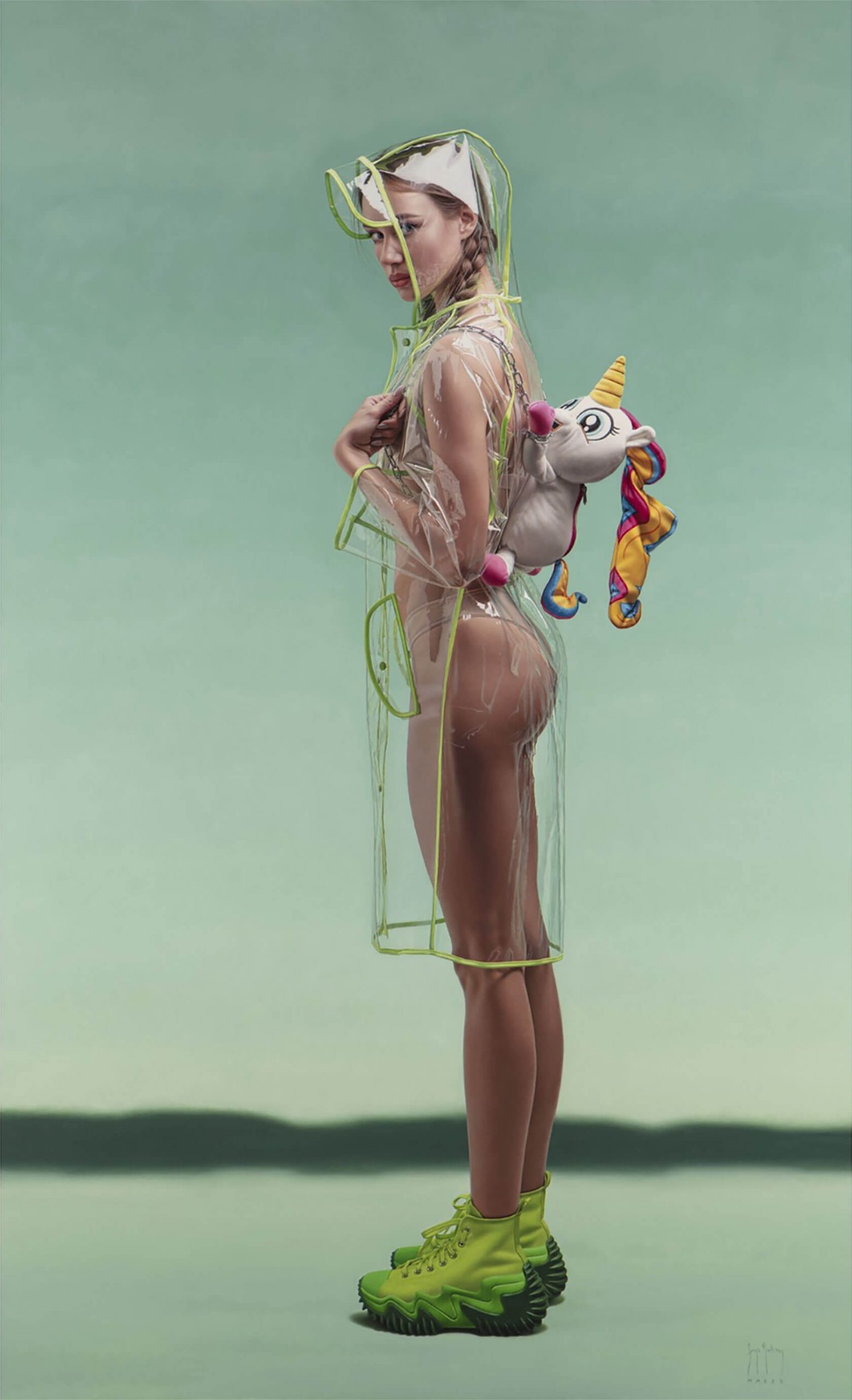 Surreal figurative painting with hyperrealistic oil technique showcasing absurdist and pop surrealism themes