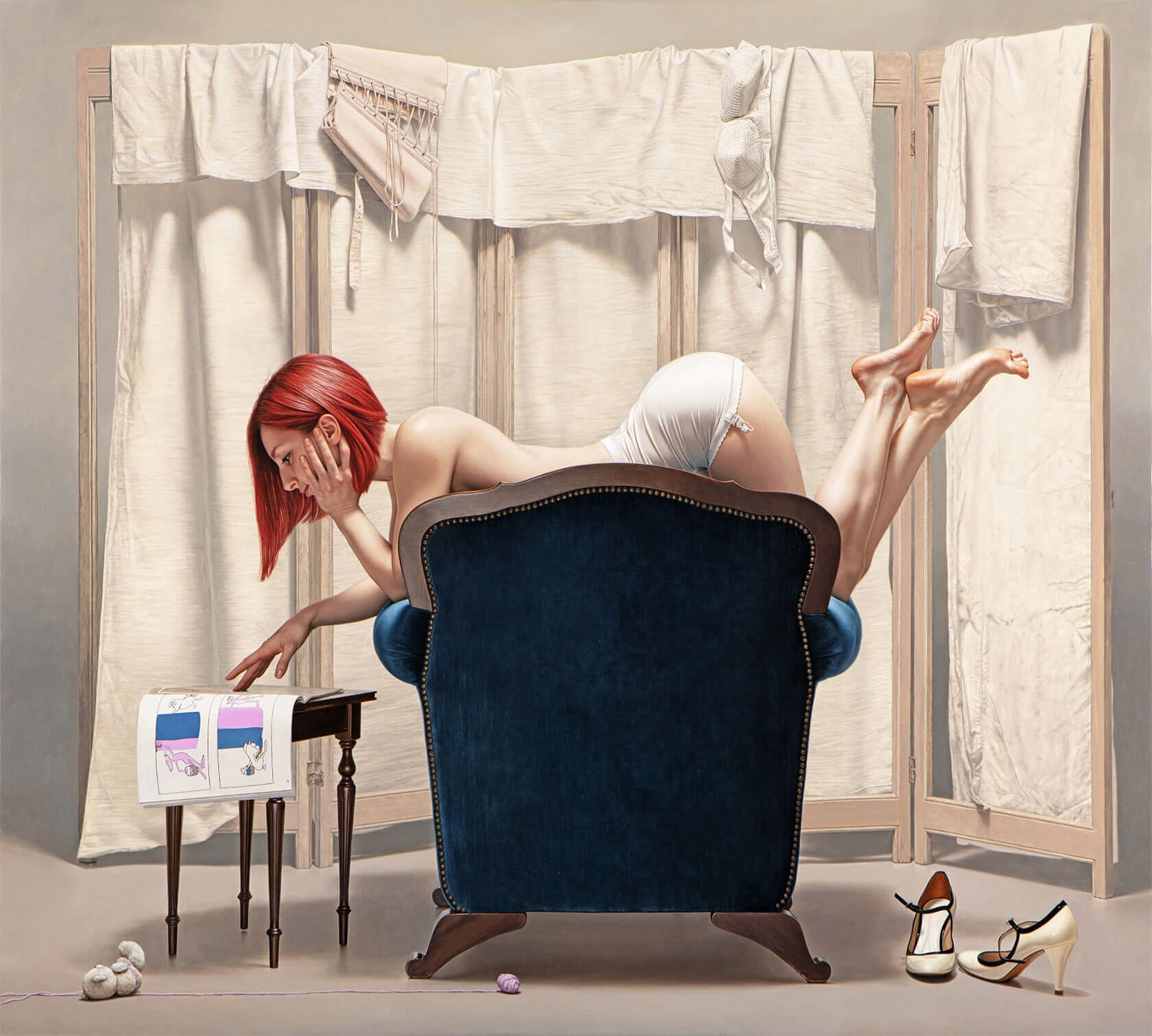 Large-format surrealist oil painting with figurative hyperrealism and theatrical absurdist composition