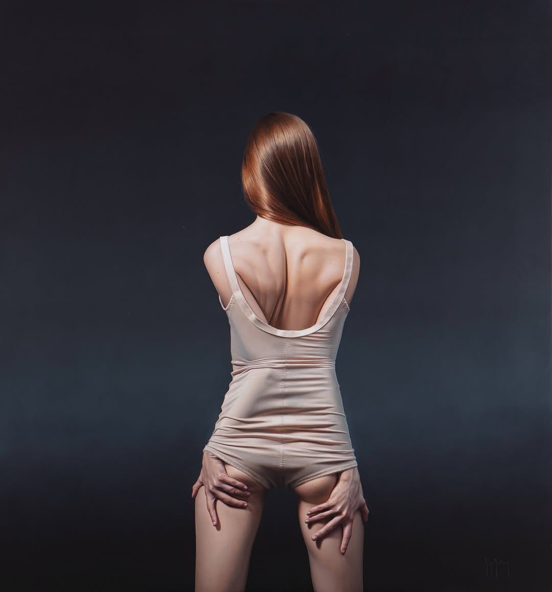 Surrealist painting banner featuring hyperrealistic figurative art and contemporary realist oil technique