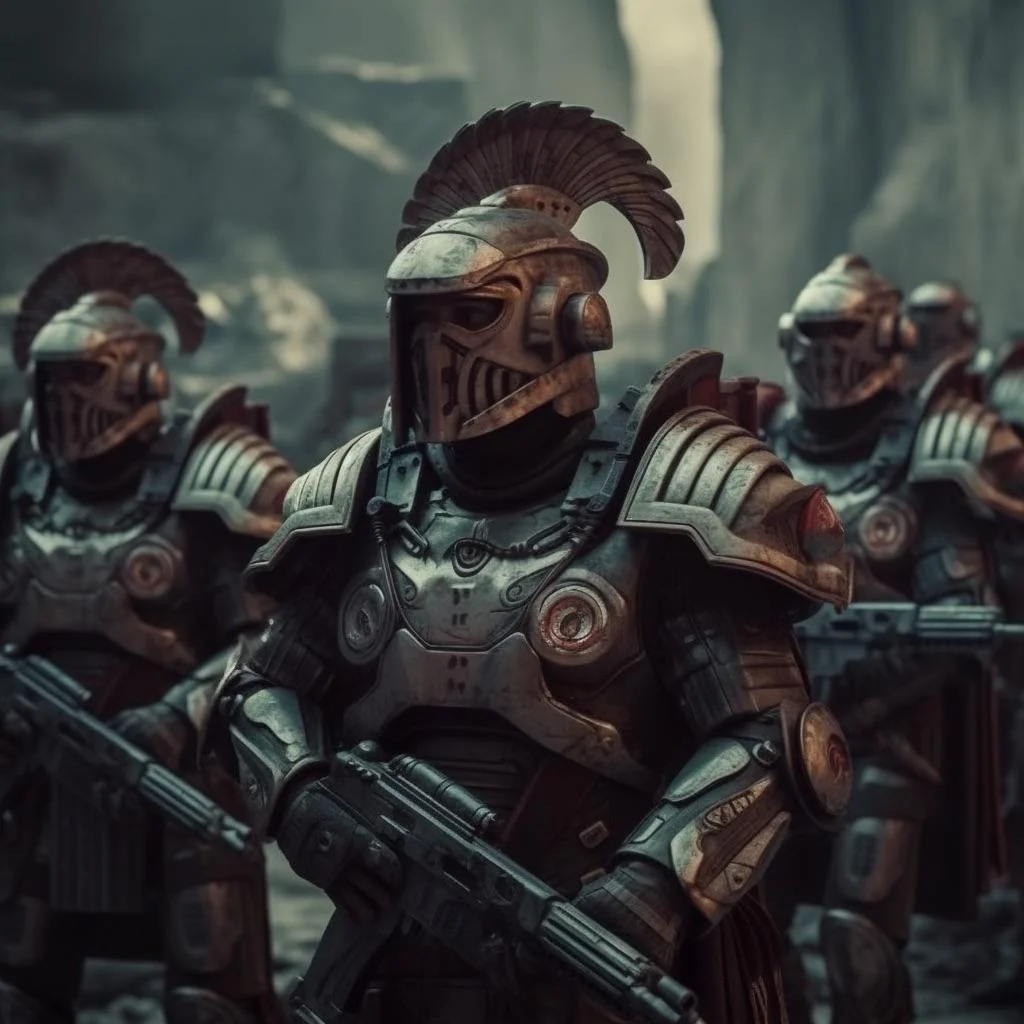 Futuristic Roman soldiers advancing across extraterrestrial terrain