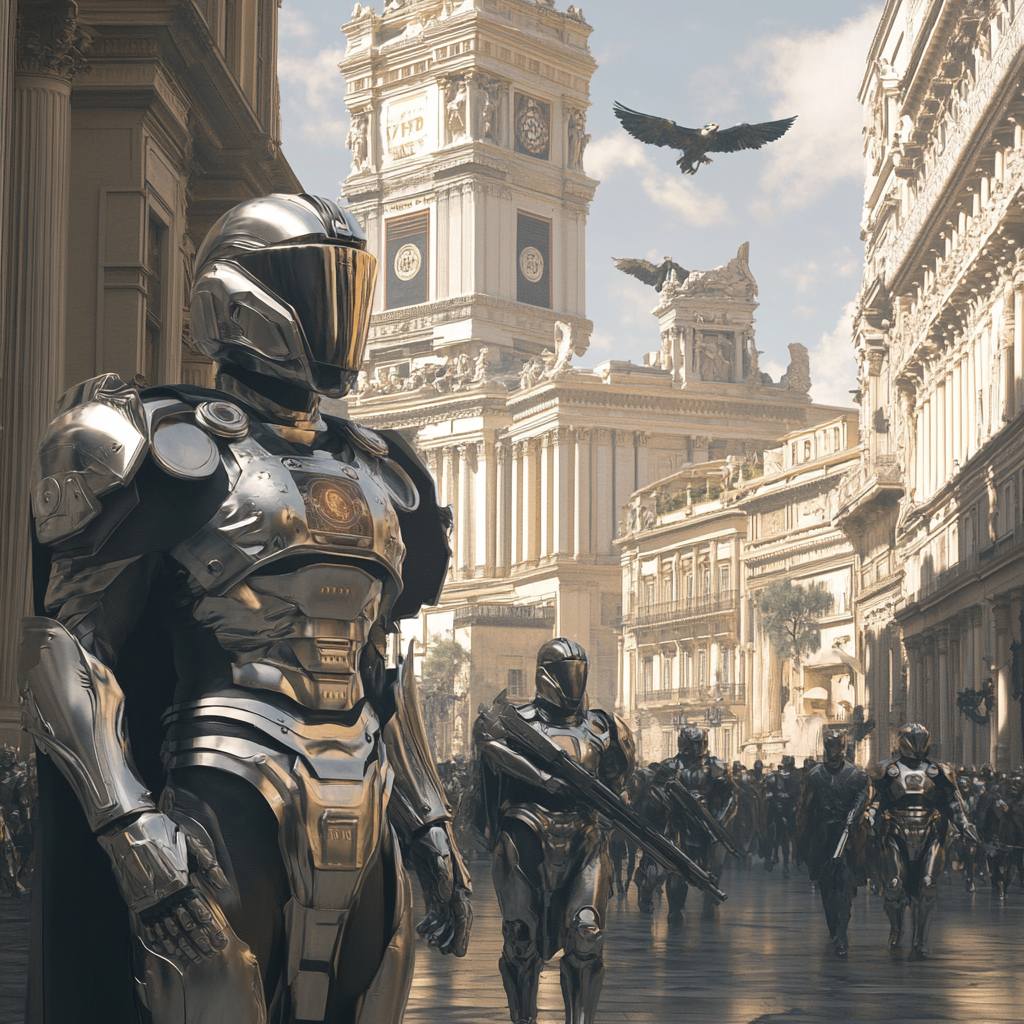 Futuristic Roman soldiers engaged in galactic warfare across star systems