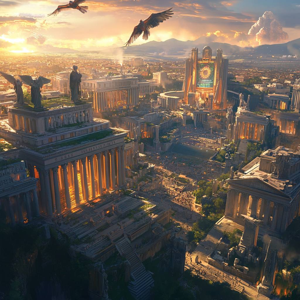 Galactic emperor of Rome commanding futuristic legions across the universe