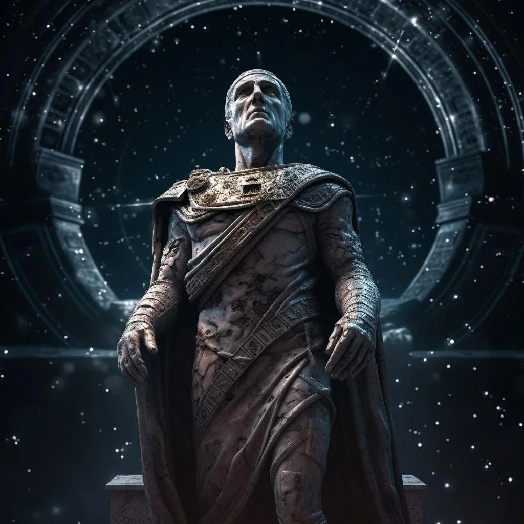 Future emperor of Roman Empire seated on throne of cosmic power