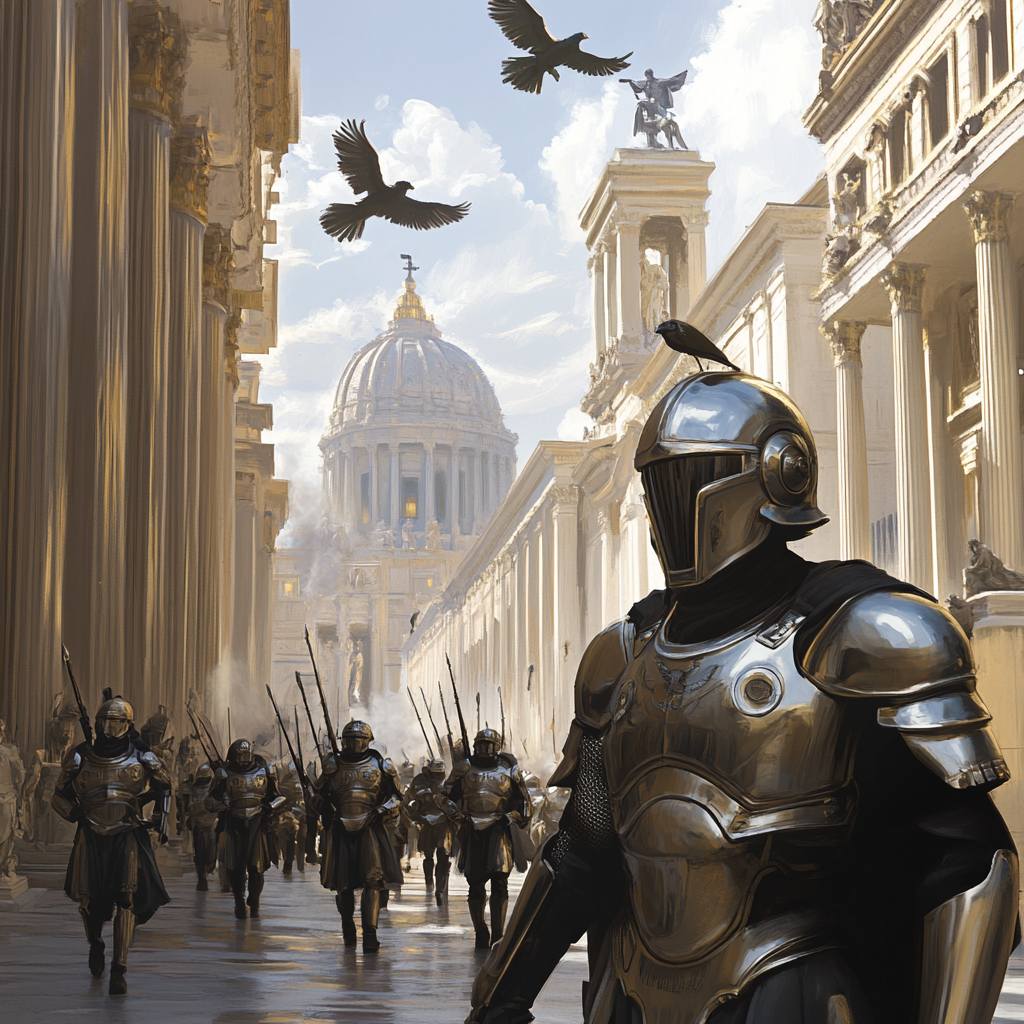Space legionnaires descended from ancient Rome marching through future civilizations