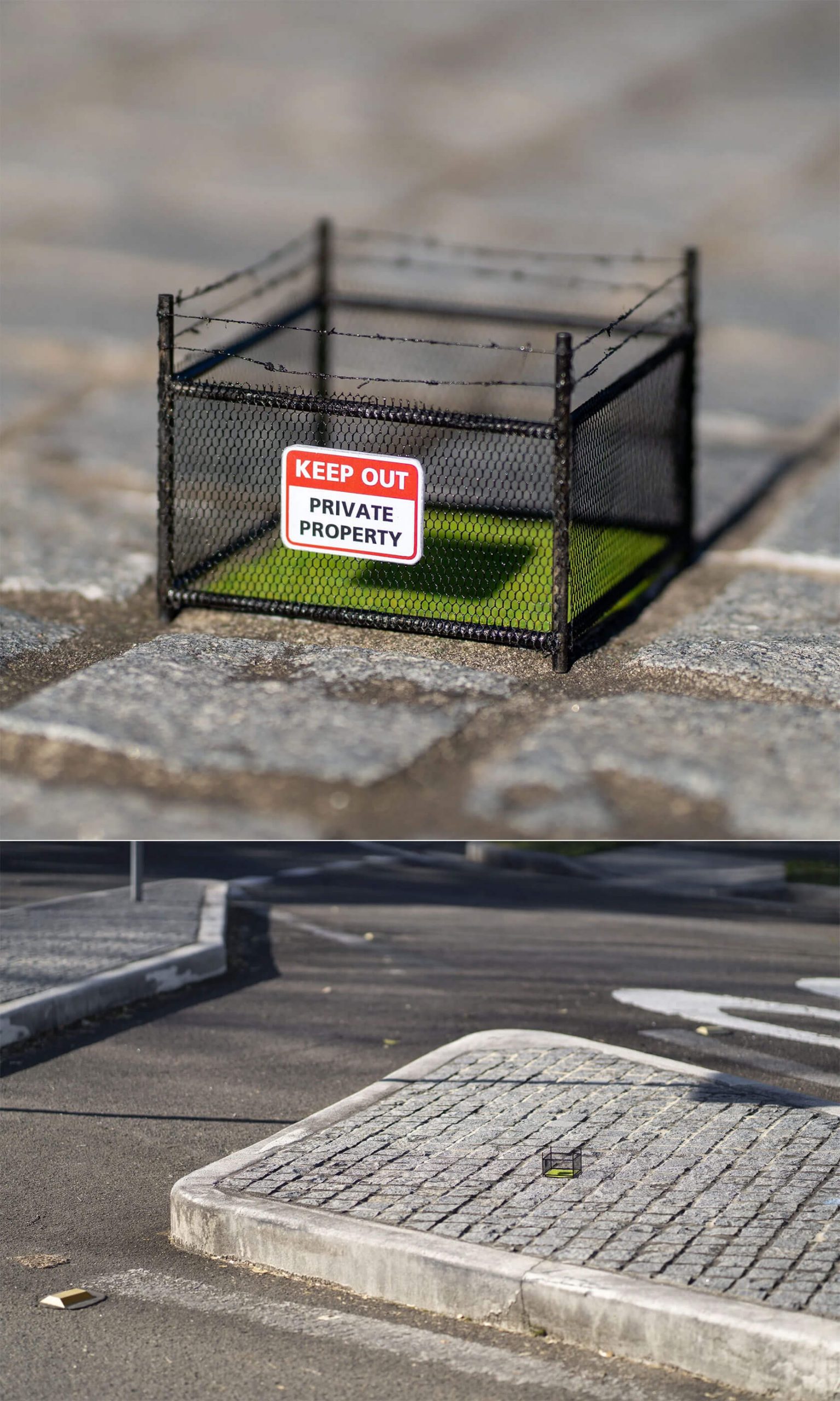Miniature street art installation combining guerrilla art techniques