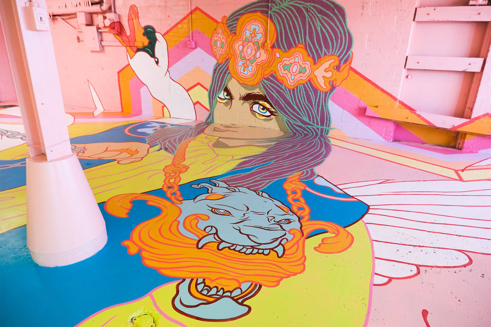 Fantasy wall art mural painting showcasing unique illustrative style and technique