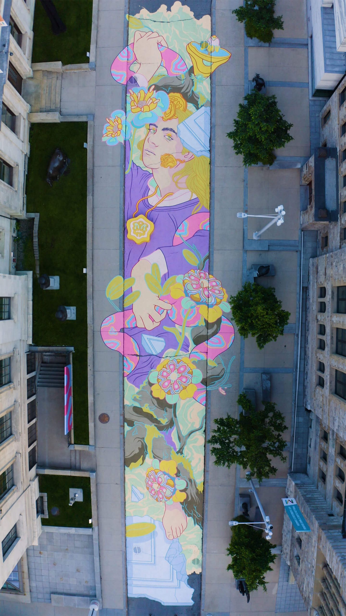Large-scale fantasy mural art painting featuring detailed urban illustration