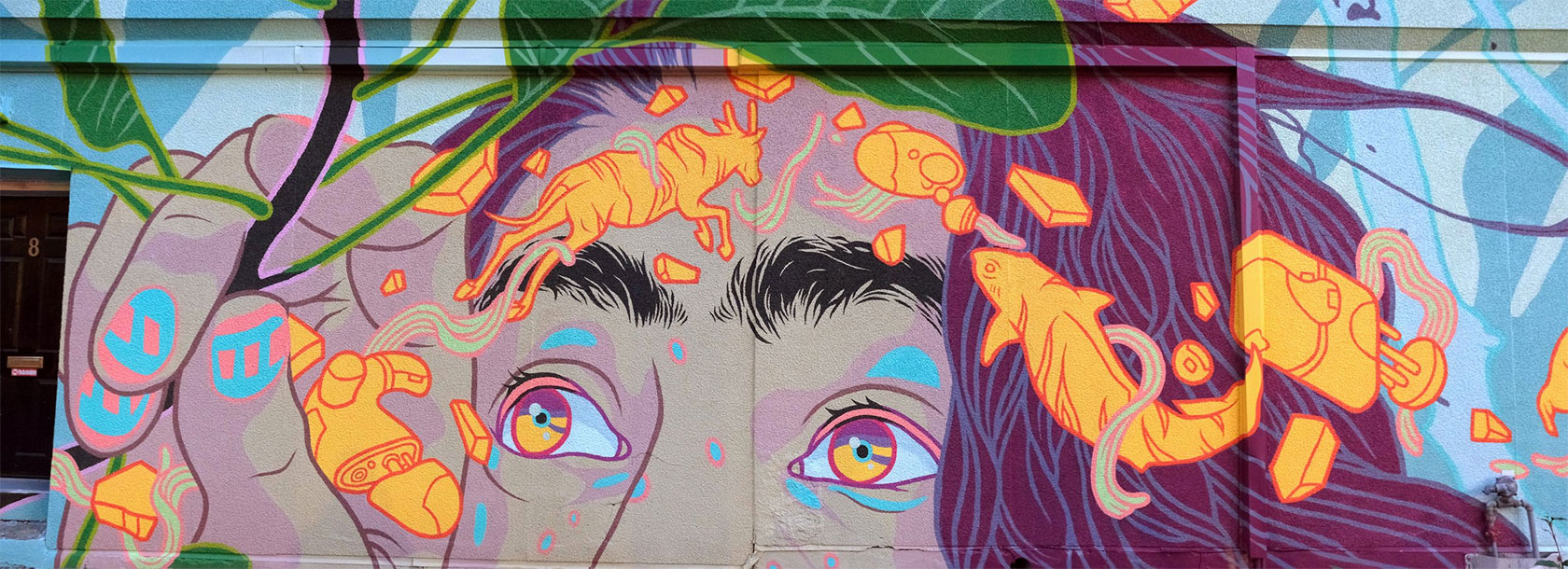 Large-scale mural fantasy art illustration transforming urban landscapes