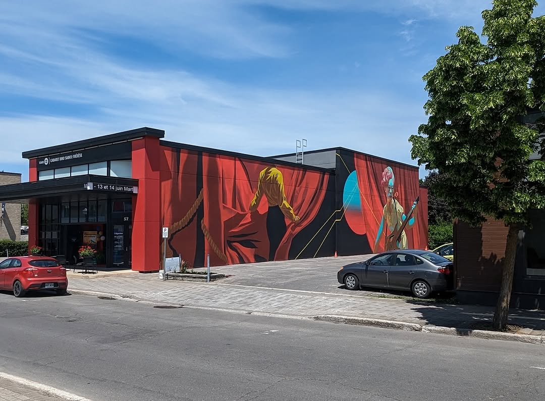 Urban fantasy illustration showcasing intricate mural artwork and fantastical characters