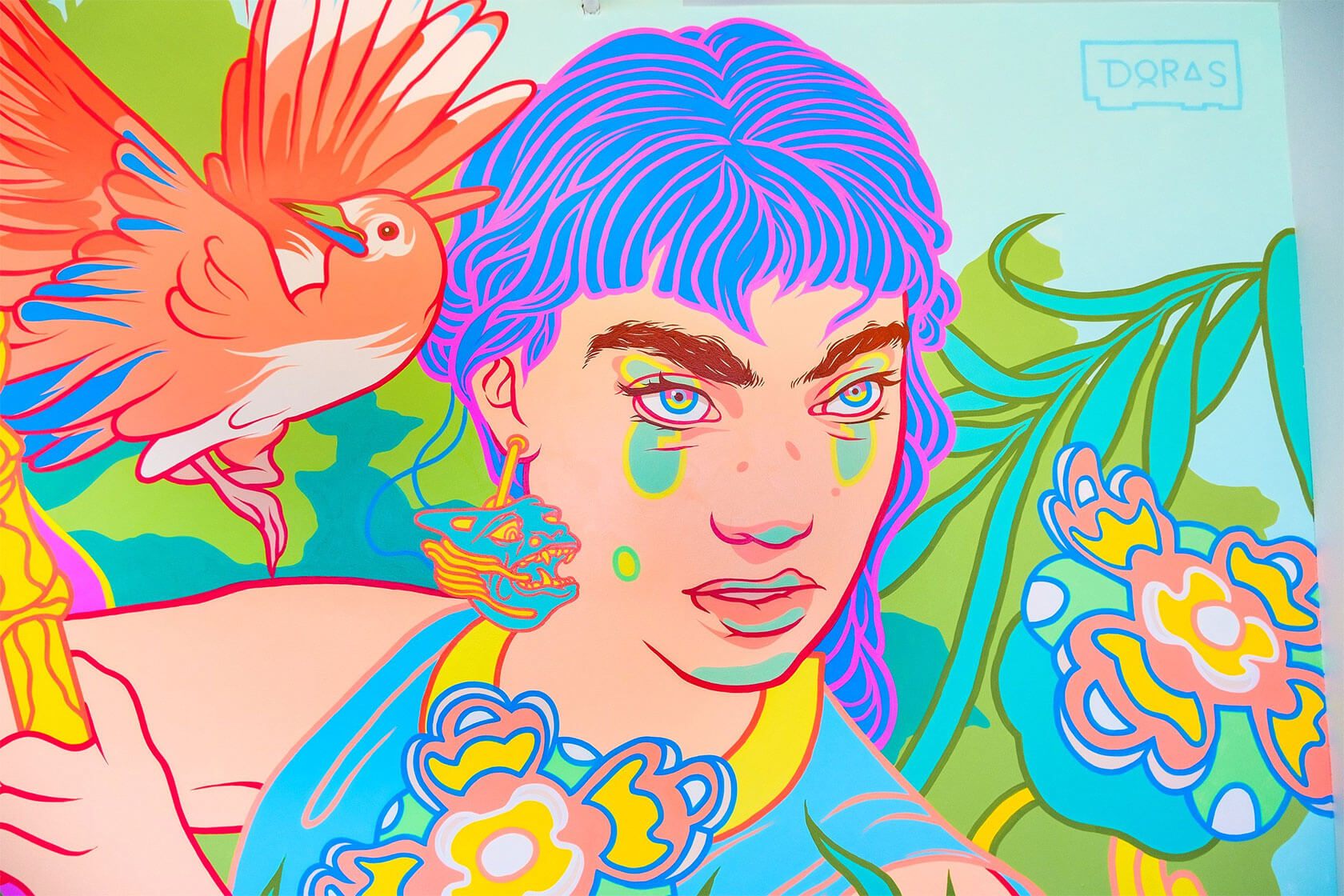 Urban mural fantasy artwork illustration blending street art with fantastical design