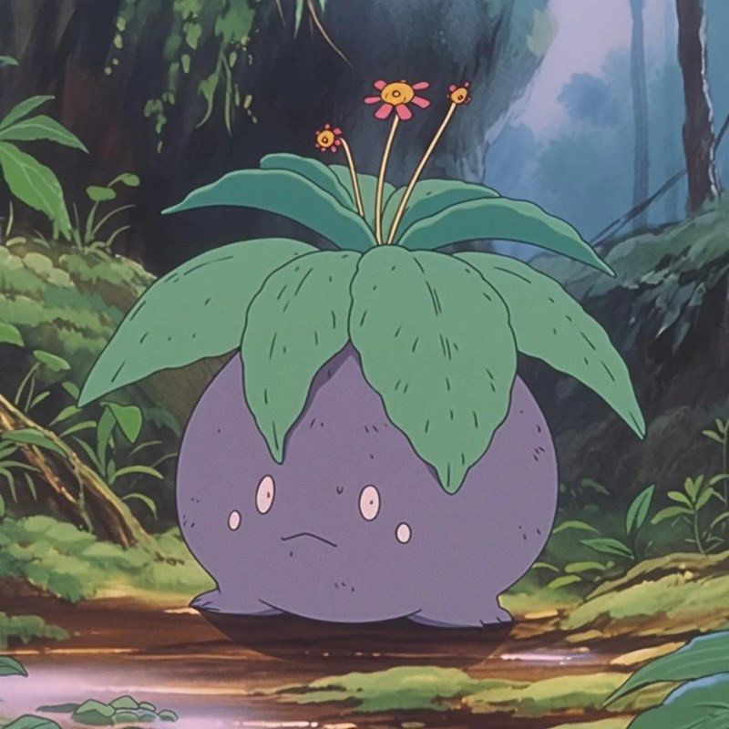 Example of Studio Ghibli's environmental background style in a Pokemon context Pokemon scene featuring a detailed background in the Ghibli art style