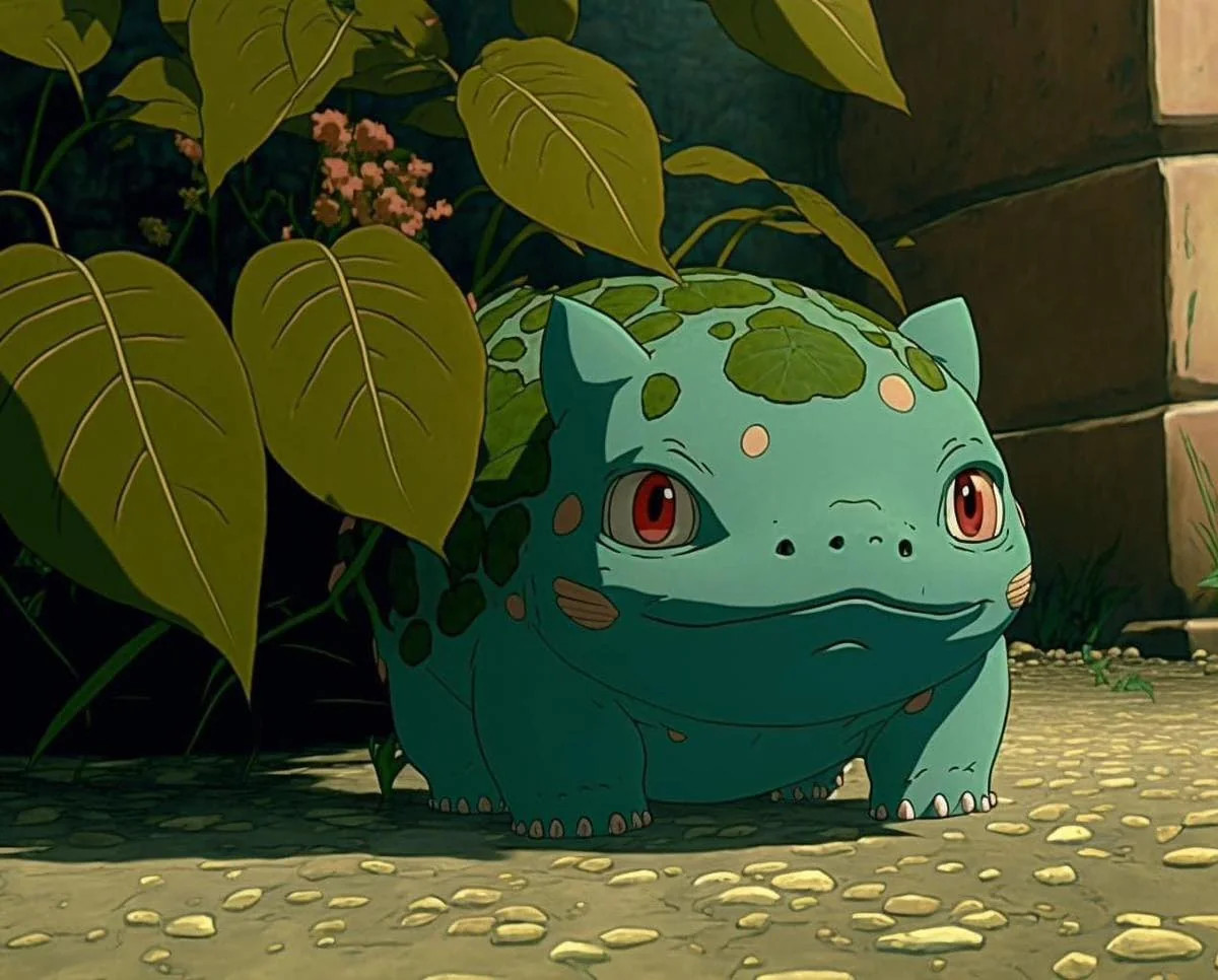 Fan concept art imagining Bulbasaur within a Ghibli-inspired Pokemon world Concept illustration of Bulbasaur drawn in the Studio Ghibli art style