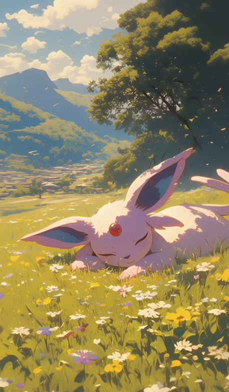 Imagining a shared fantasy world for Pokemon and Studio Ghibli characters Fantasy world crossover depicting Pokemon within a Ghibli-esque landscape