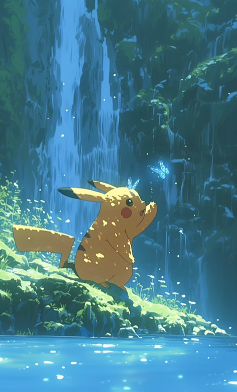 Visualizing a Pokemon scene through the lens of Studio Ghibli's style Artwork of a scene inspired by Pokemon characters in a Ghibli setting