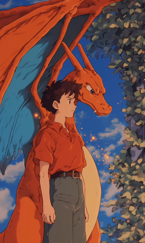 Highlighting shared nature themes with Pokemon in a Ghibli-esque environment Illustration of Pokemon in a nature scene rendered in Ghibli style